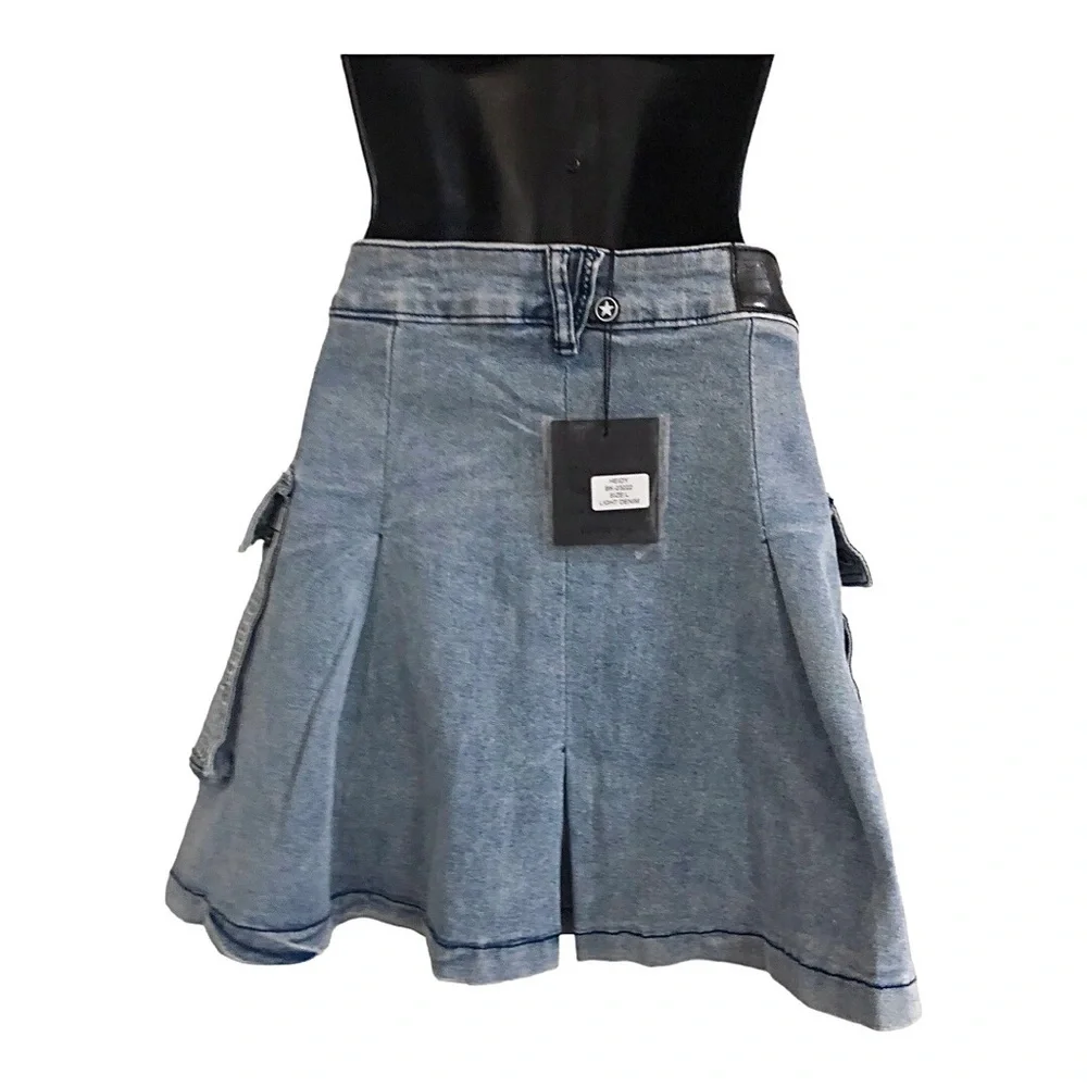 A-line crystal embellished rhinestone utility cargo style mini denim jeans skirt